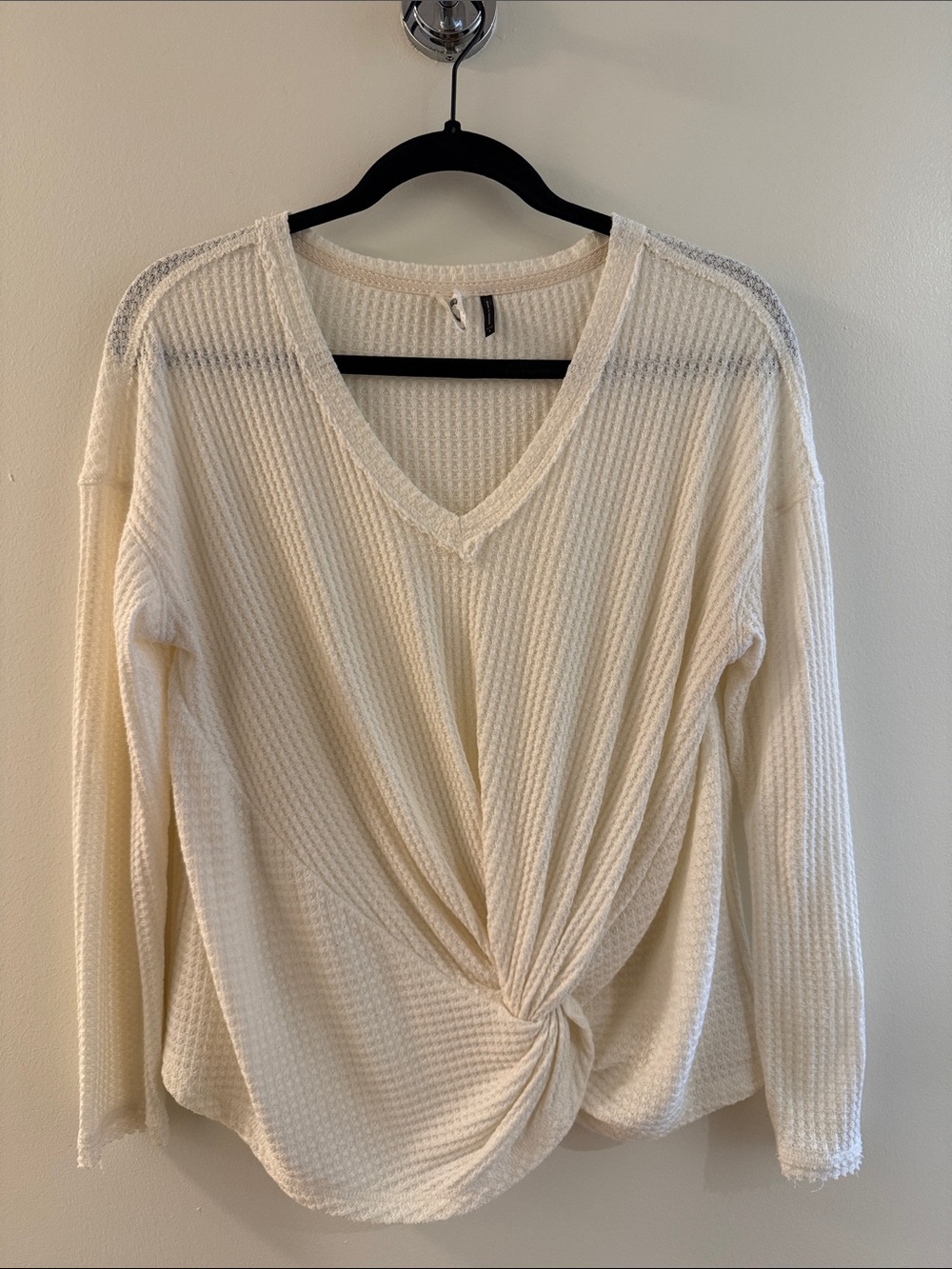 Anthropologie Cream Waffle-Knit Twist-Front Long Sleeve Top